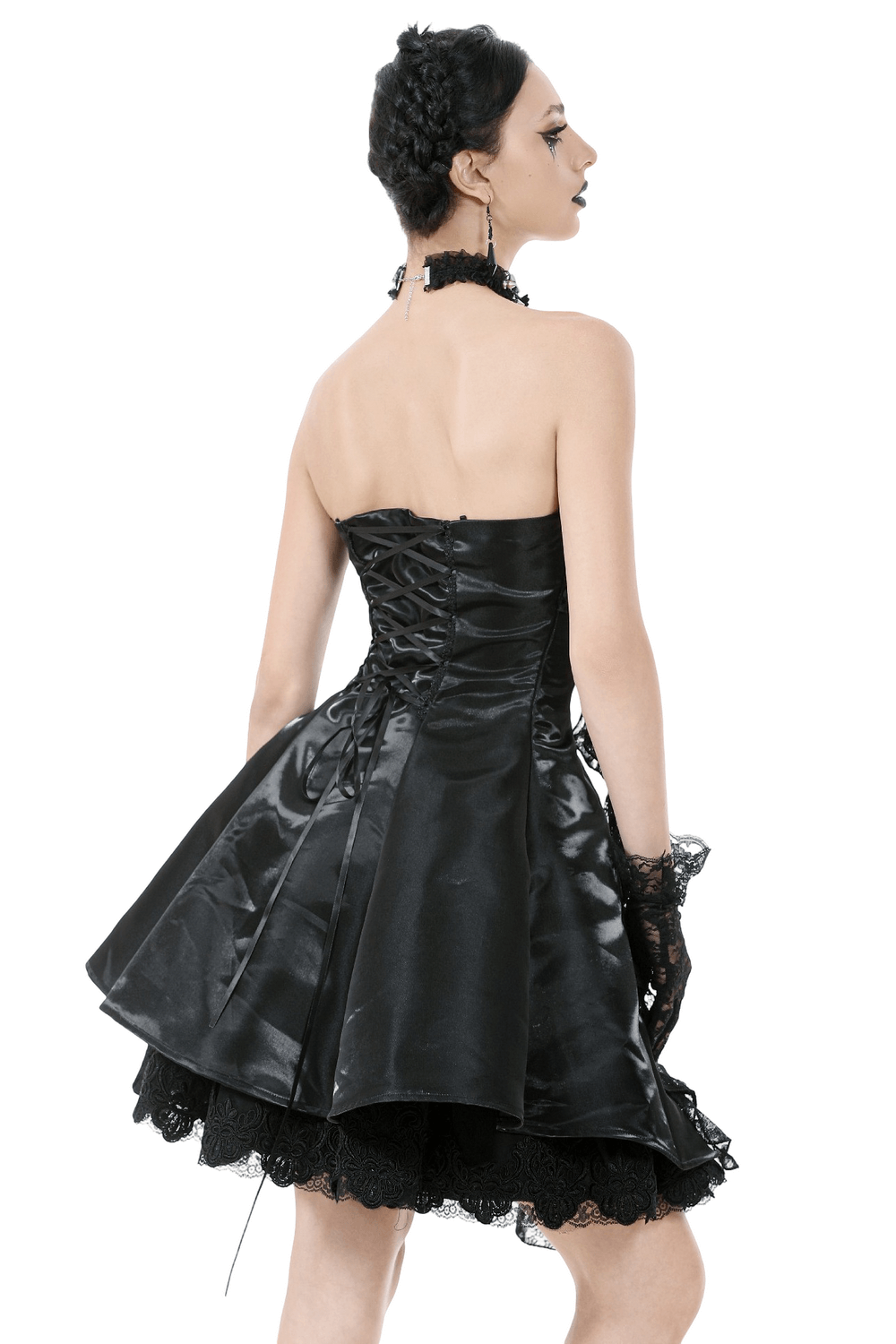 Gothic Lace and Satin Corset Mini Dress with Ruffle Details
