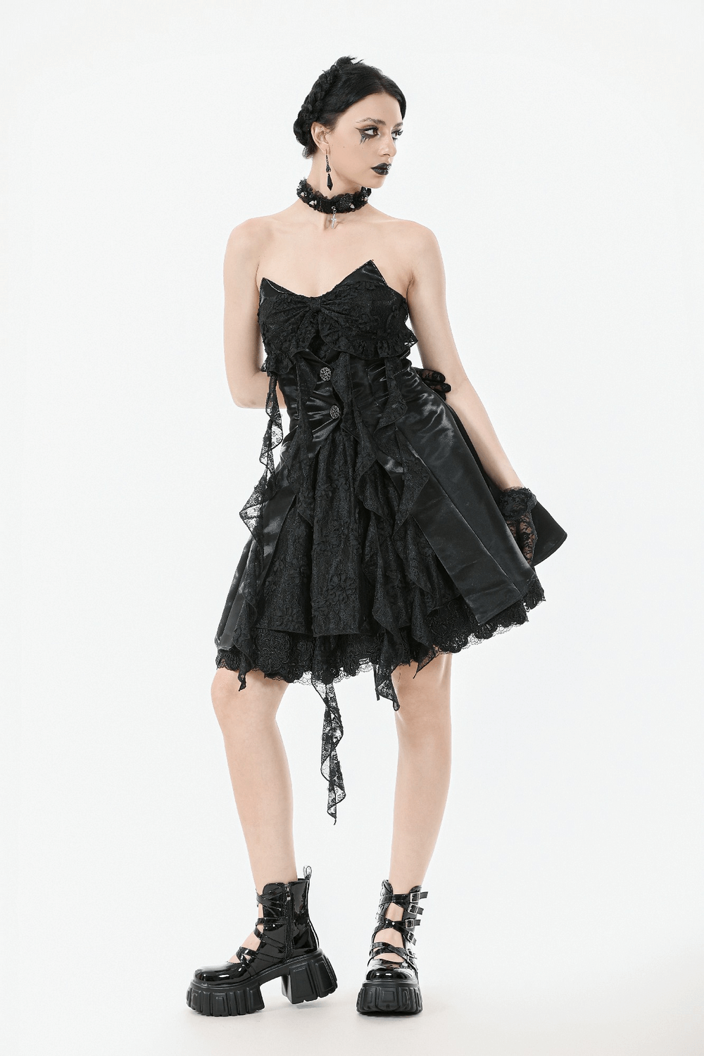 Gothic Lace and Satin Corset Mini Dress with Ruffle Details