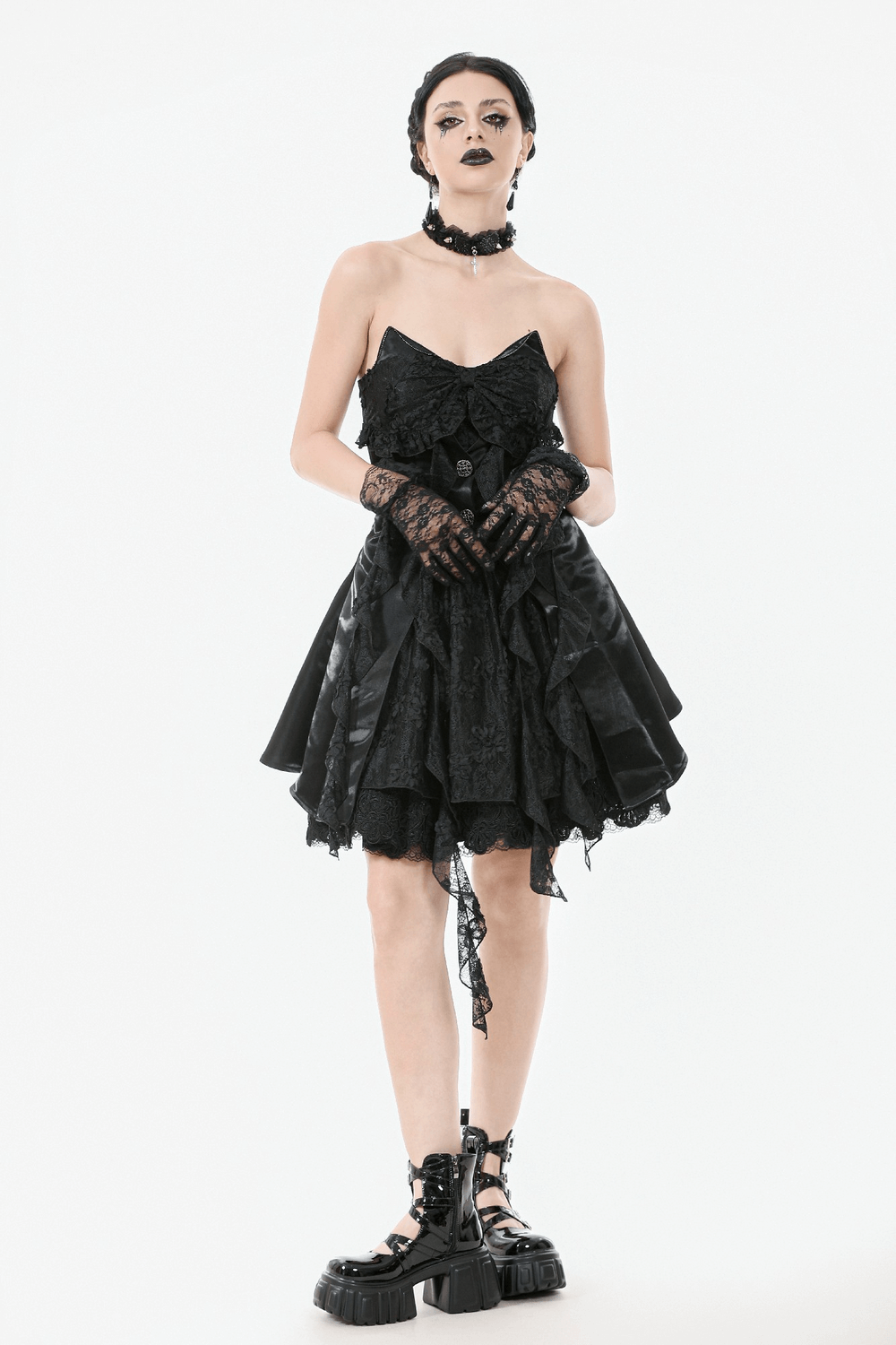 Gothic Lace and Satin Corset Mini Dress with Ruffle Details
