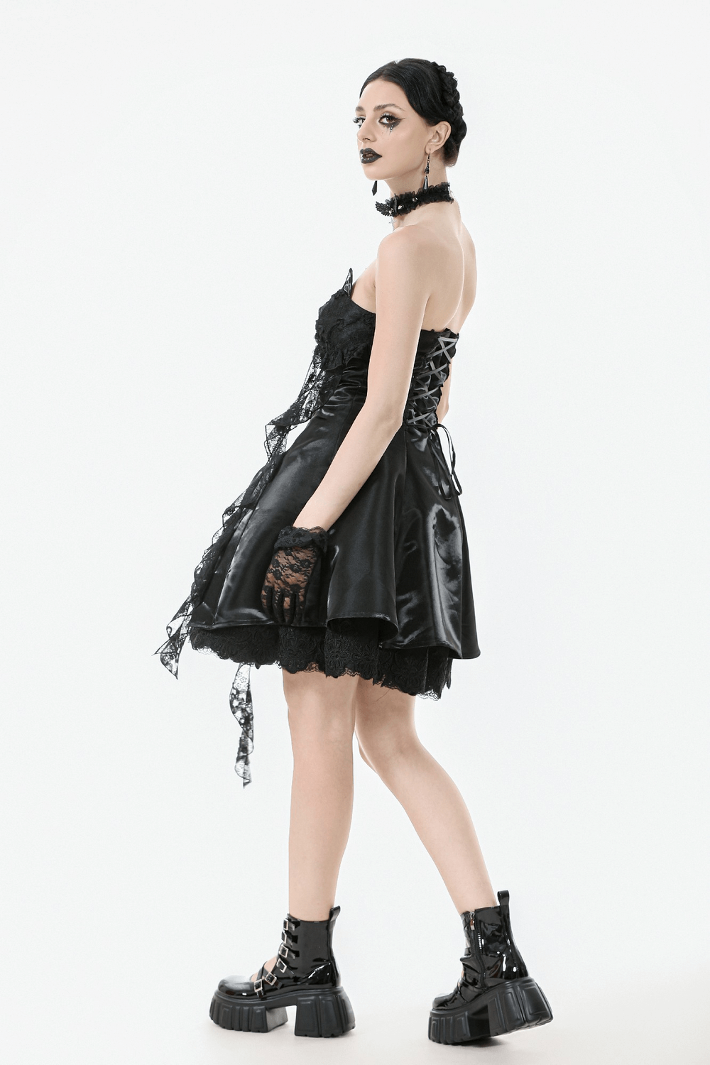 Gothic Lace and Satin Corset Mini Dress with Ruffle Details