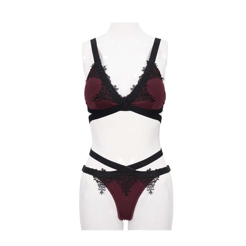 Gothic Lace Appliqued Swimsuit Set / Elegant Burgundy Bikini With Elastic Straps