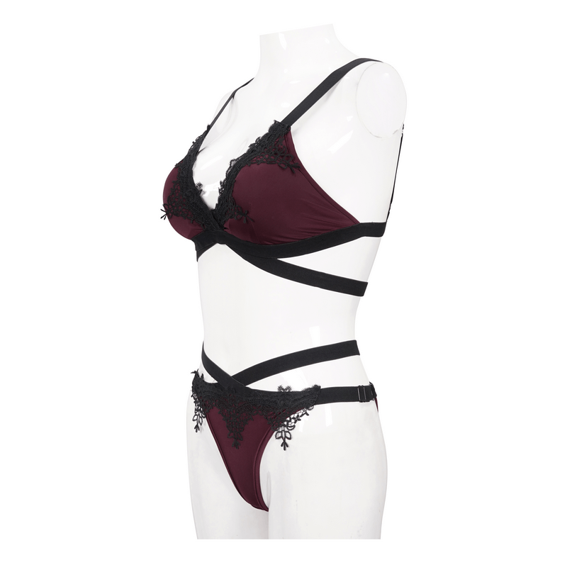 Gothic Lace Appliqued Swimsuit Set / Elegant Burgundy Bikini With Elastic Straps