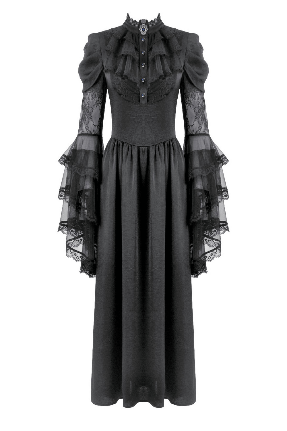 Gothic Lace Bell-Sleeve Black Dress with Corset Back