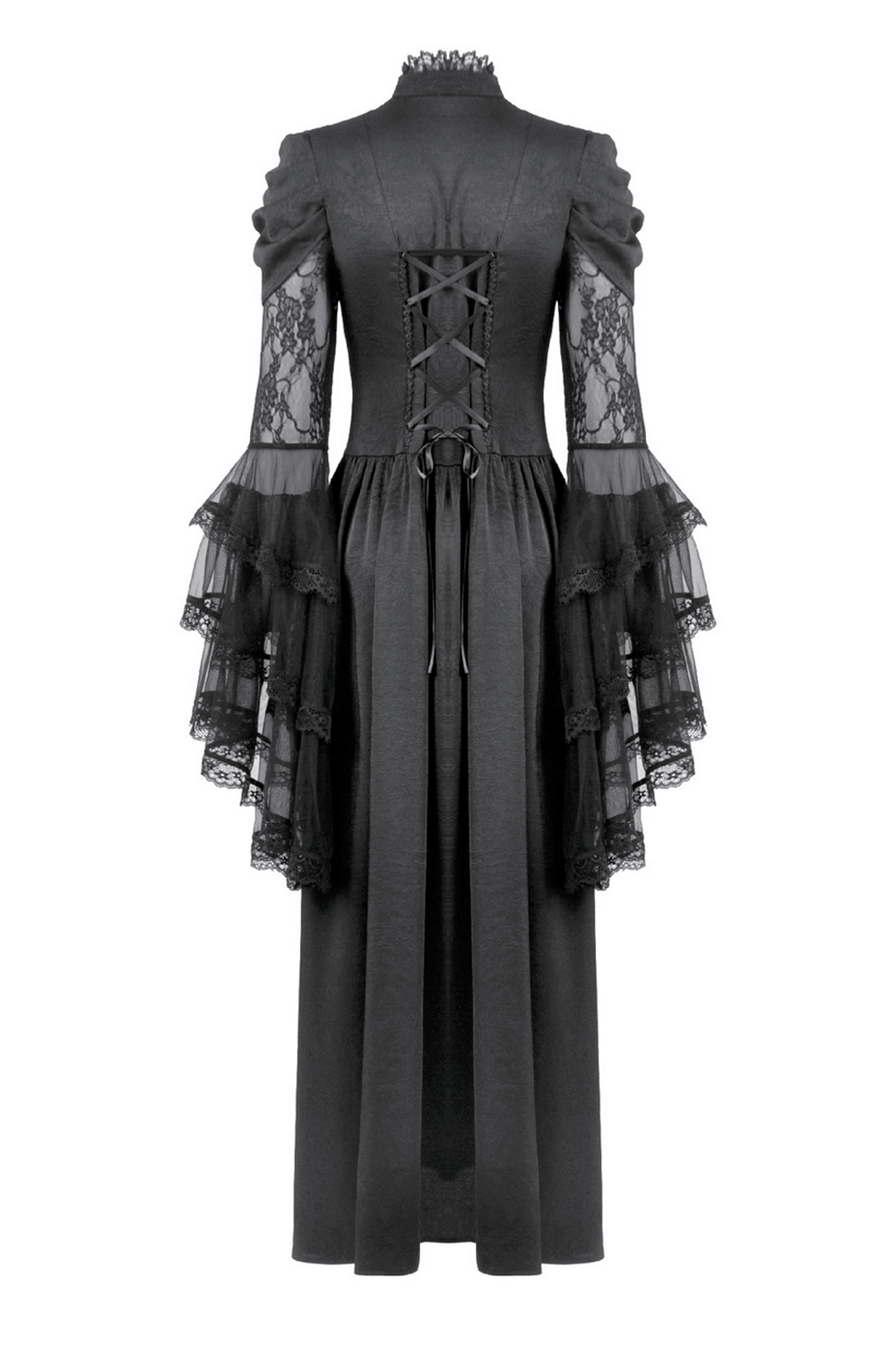 Gothic Lace Bell-Sleeve Black Dress with Corset Back