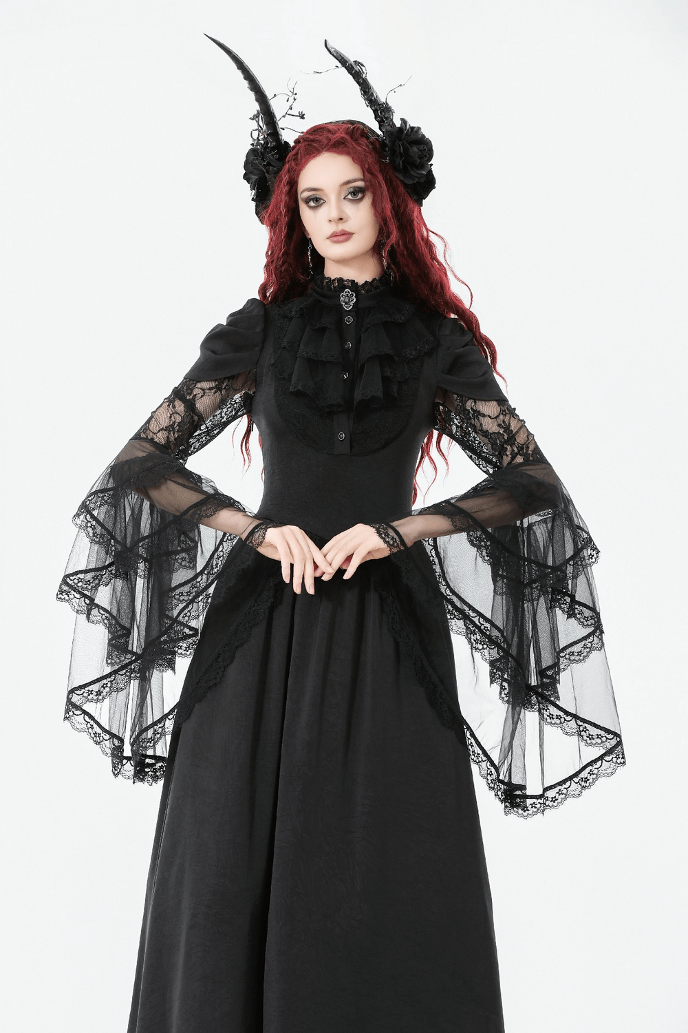 Gothic Lace Bell-Sleeve Black Dress with Corset Back