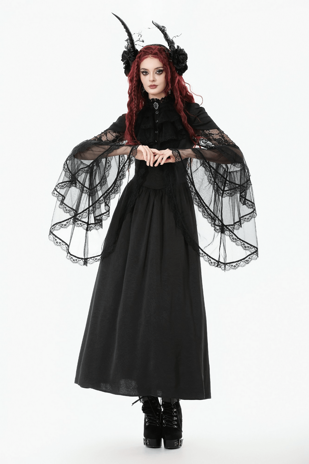 Gothic Lace Bell-Sleeve Black Dress with Corset Back