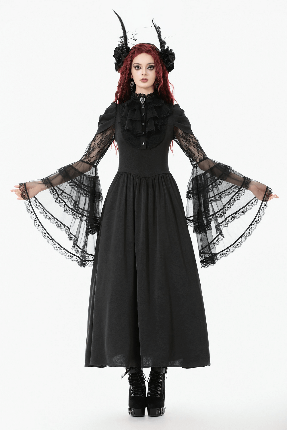 Gothic Lace Bell-Sleeve Black Dress with Corset Back