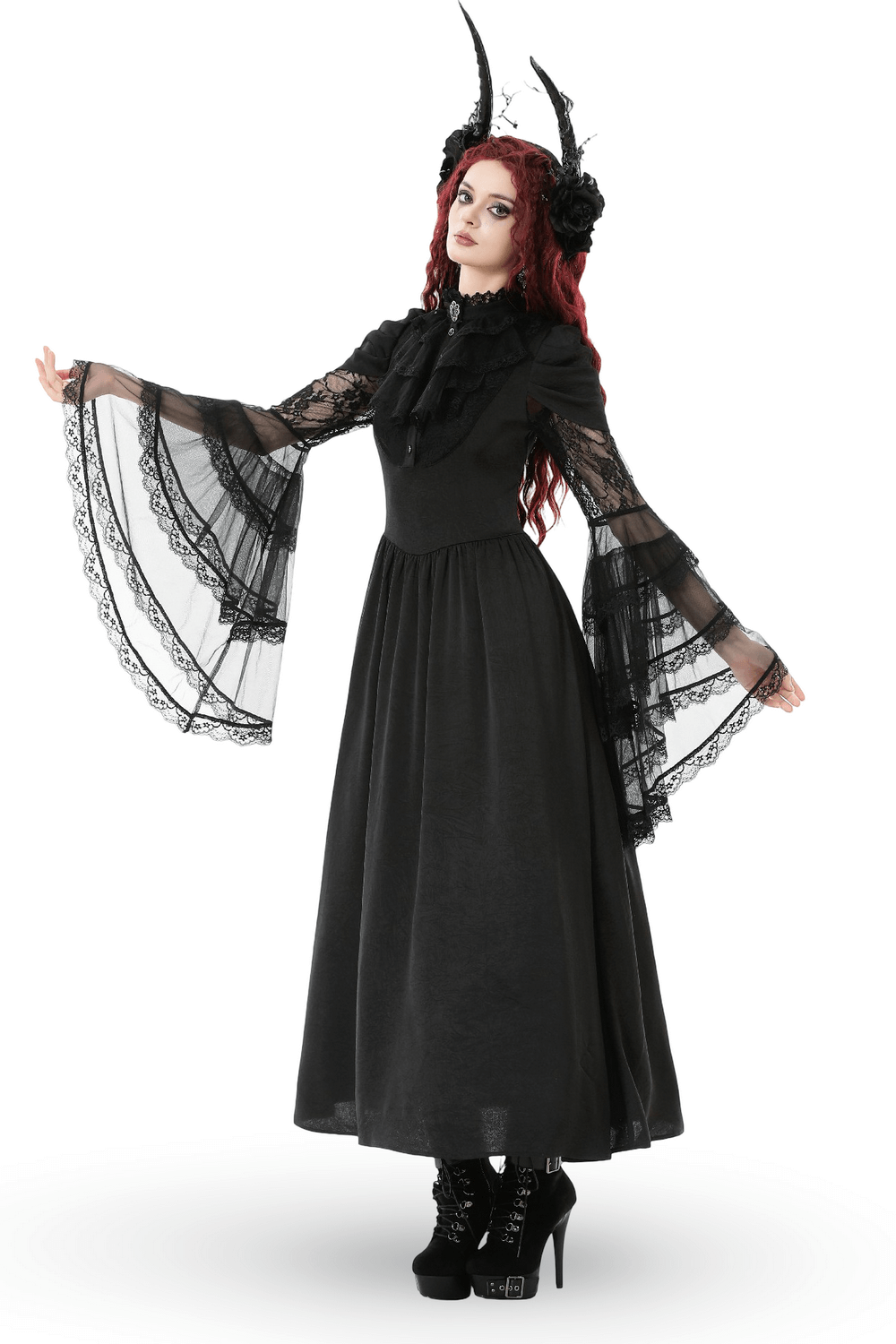 Gothic Lace Bell-Sleeve Black Dress with Corset Back