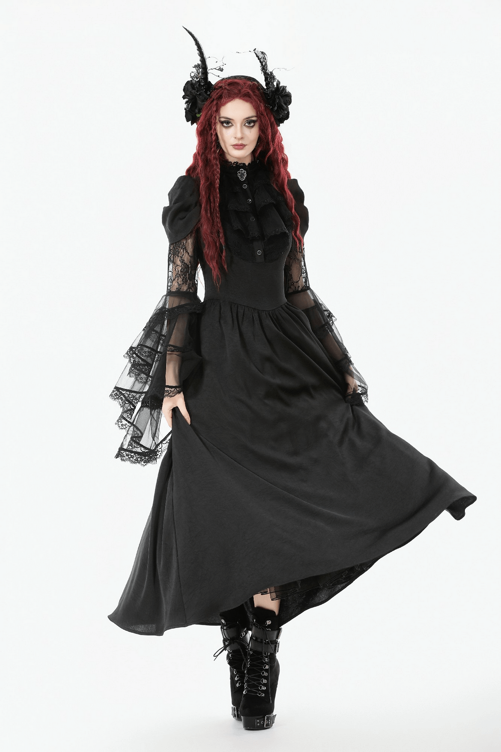 Gothic Lace Bell-Sleeve Black Dress with Corset Back