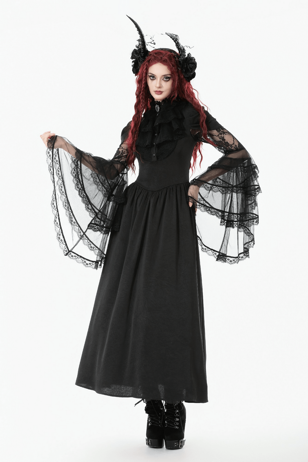 Gothic Lace Bell-Sleeve Black Dress with Corset Back