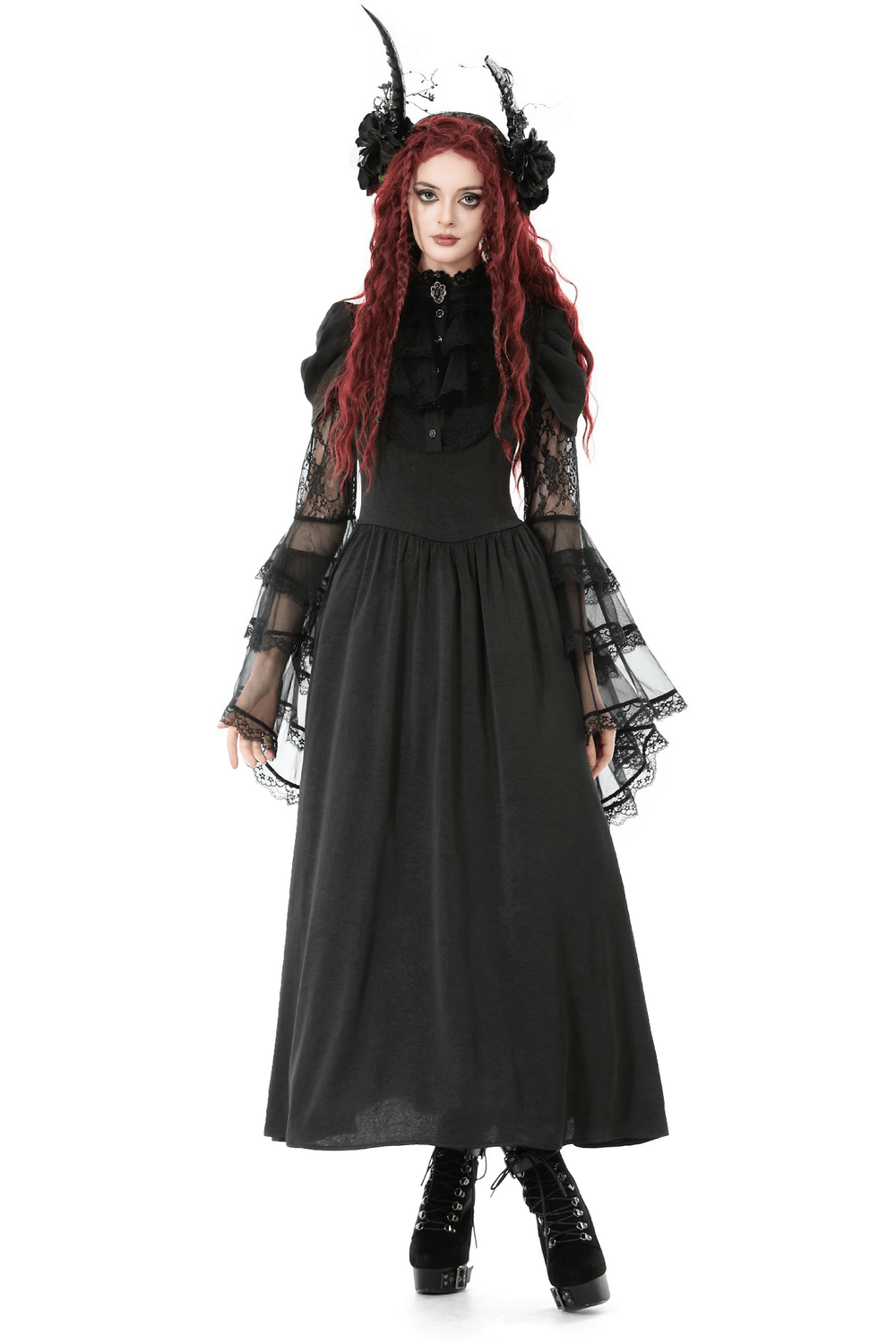 Gothic Lace Bell-Sleeve Black Dress with Corset Back