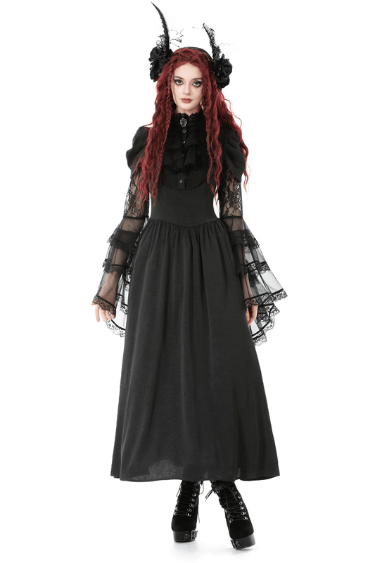 Gothic Lace Bell-Sleeve Black Dress with Corset Back