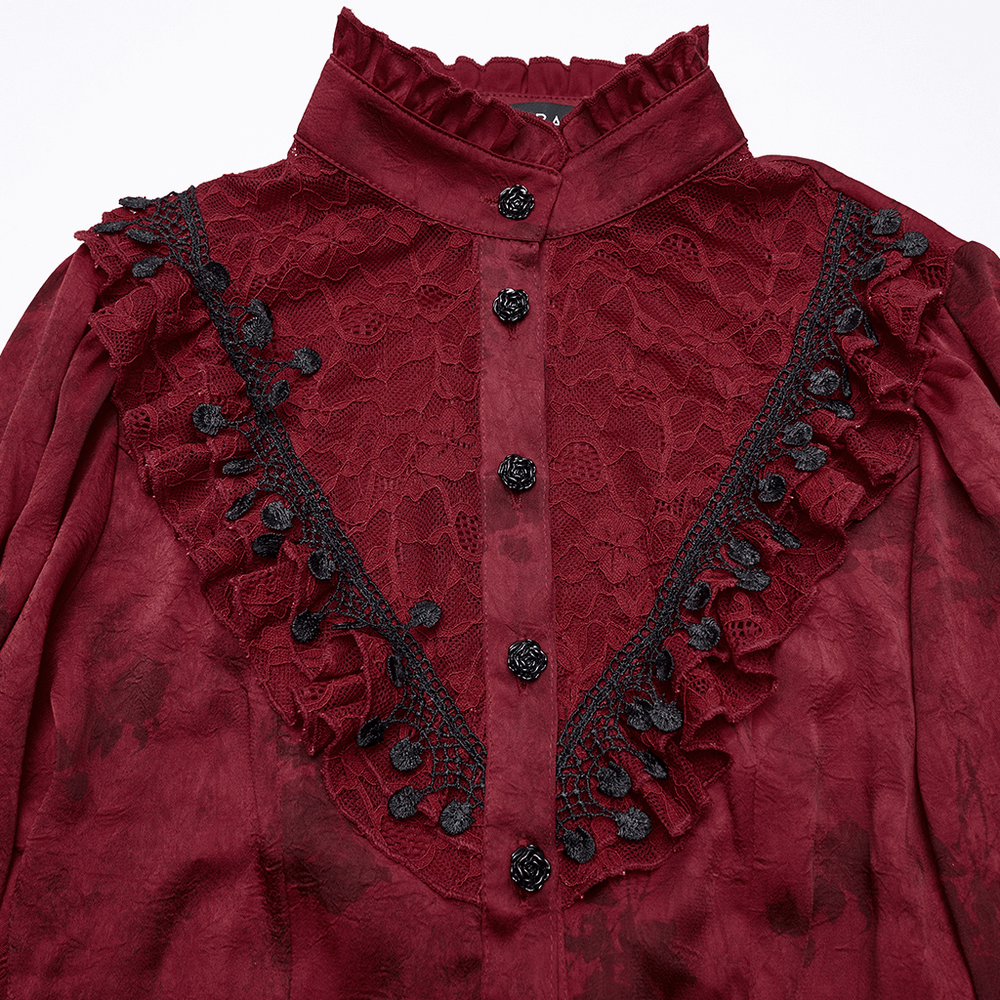 Gothic Lace Blouse with Ruffles and Rose Buttons