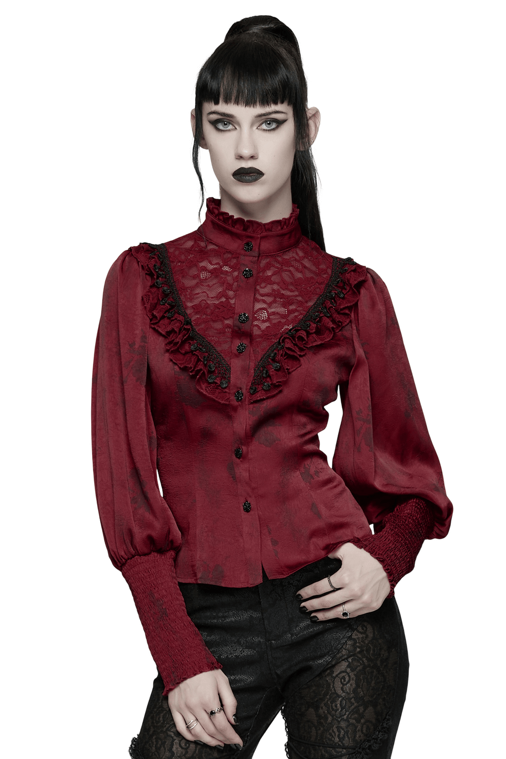 Gothic Lace Blouse with Ruffles and Rose Buttons
