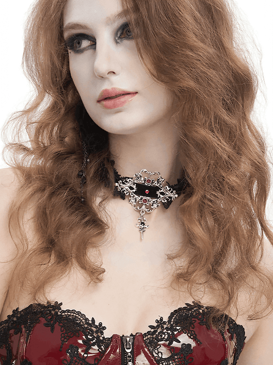 Gothic Lace Choker With Silver Cross Pendant / Vintage Beaded Black Necklace