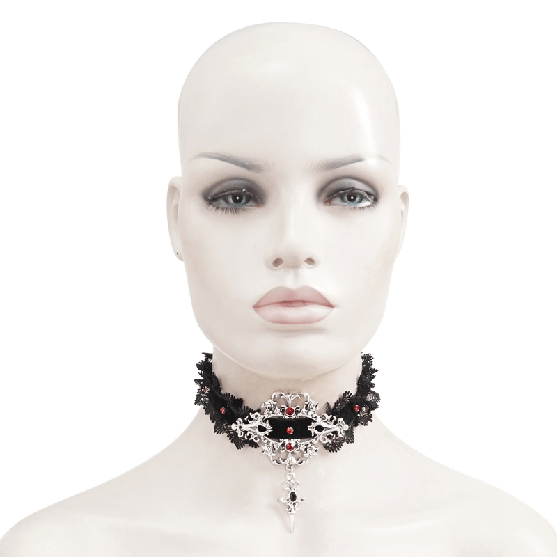 Gothic Lace Choker With Silver Cross Pendant / Vintage Beaded Black Necklace