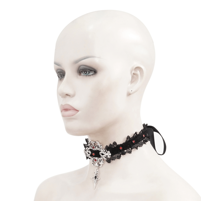 Gothic Lace Choker With Silver Cross Pendant / Vintage Beaded Black Necklace