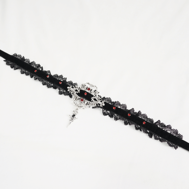 Gothic Lace Choker With Silver Cross Pendant / Vintage Beaded Black Necklace