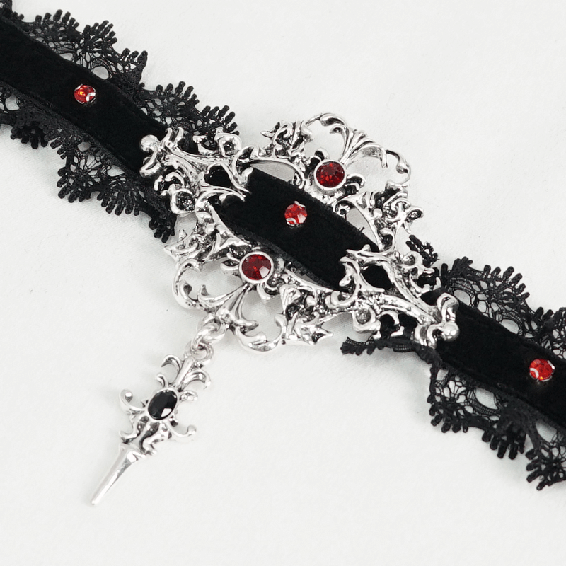Gothic Lace Choker With Silver Cross Pendant / Vintage Beaded Black Necklace