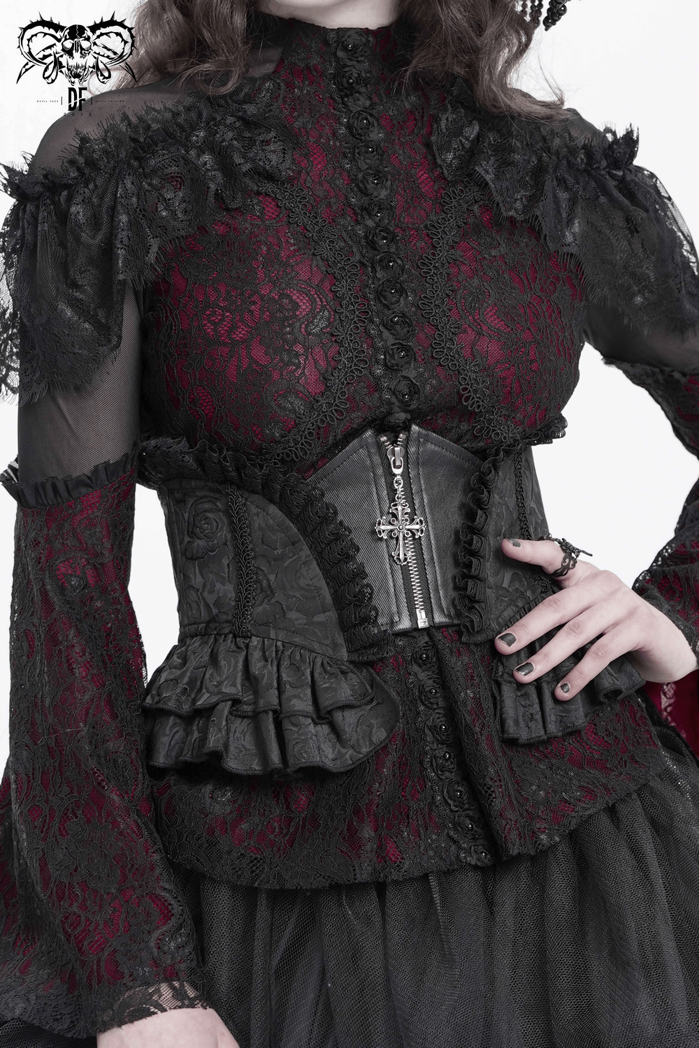 Gothic Lace Corset Belt with Zipper and Cross Details