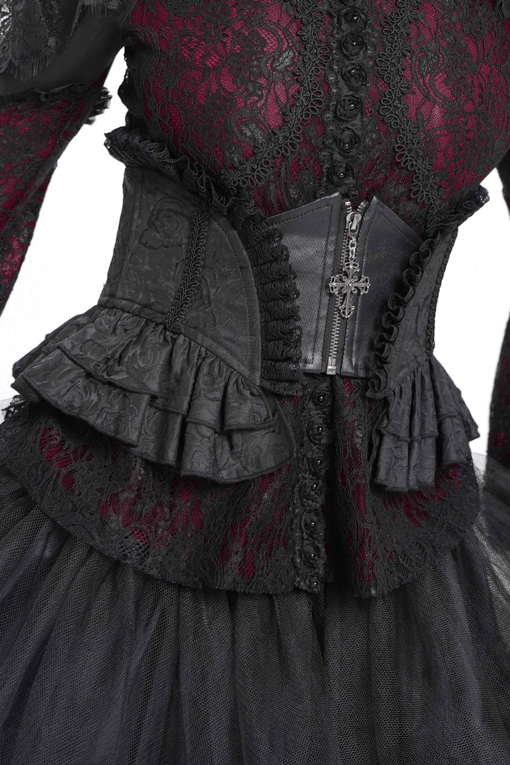 Gothic Lace Corset Belt with Zipper and Cross Details
