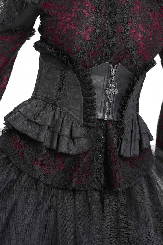Gothic Lace Corset Belt with Zipper and Cross Details