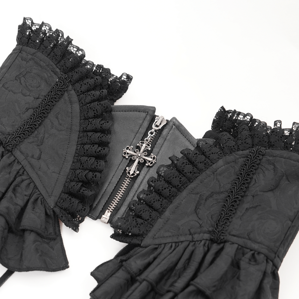 Gothic Lace Corset Belt with Zipper and Cross Details