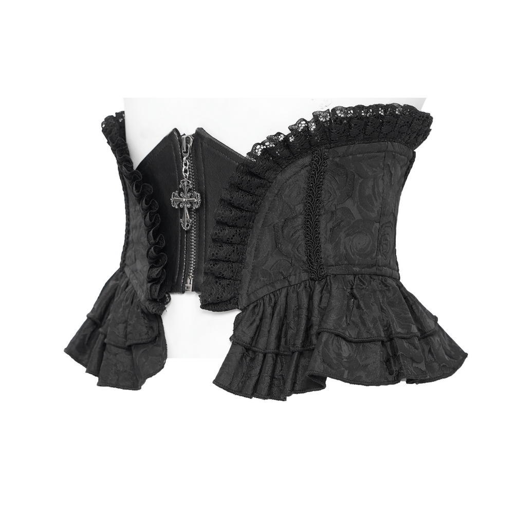 Gothic Lace Corset Belt with Zipper and Cross Details