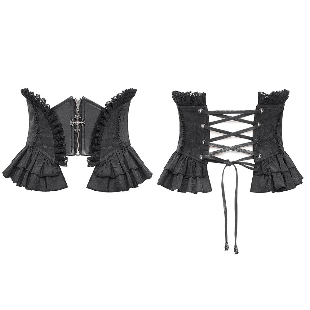 Gothic Lace Corset Belt with Zipper and Cross Details