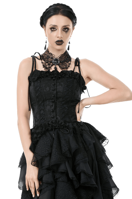 Gothic Lace Corset Top with Adjustable Ribbon Straps
