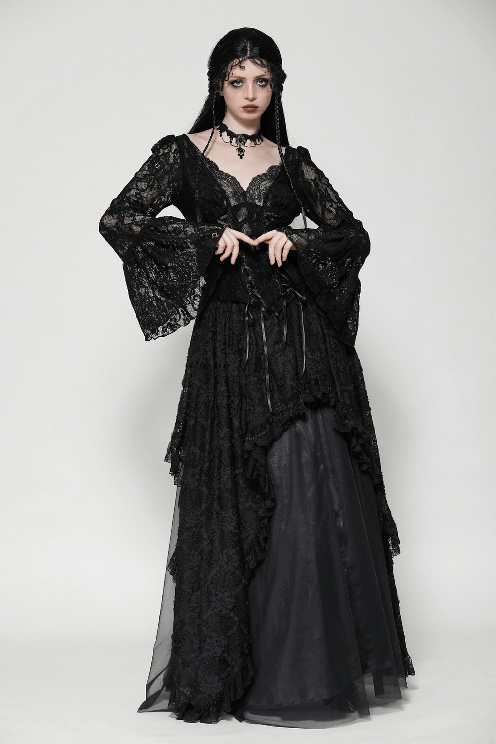 Gothic Lace Corset Top with Bell Sleeves and Tie Accents
