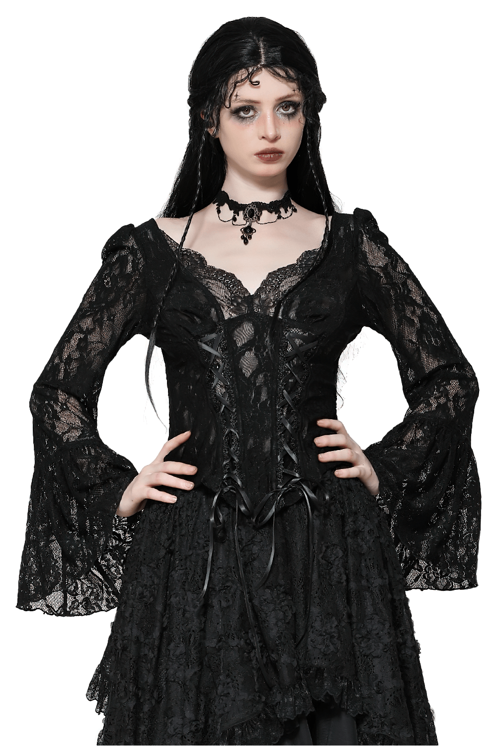 Gothic Lace Corset Top with Bell Sleeves and Tie Accents