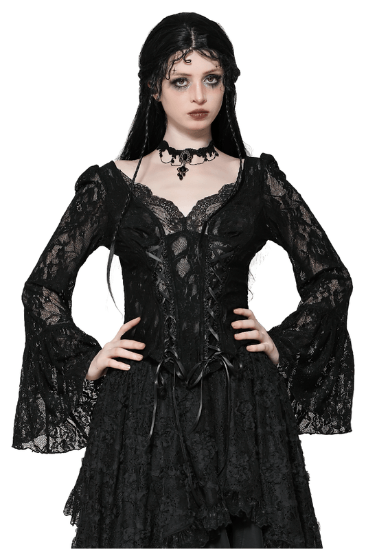 Gothic Lace Corset Top with Bell Sleeves and Tie Accents