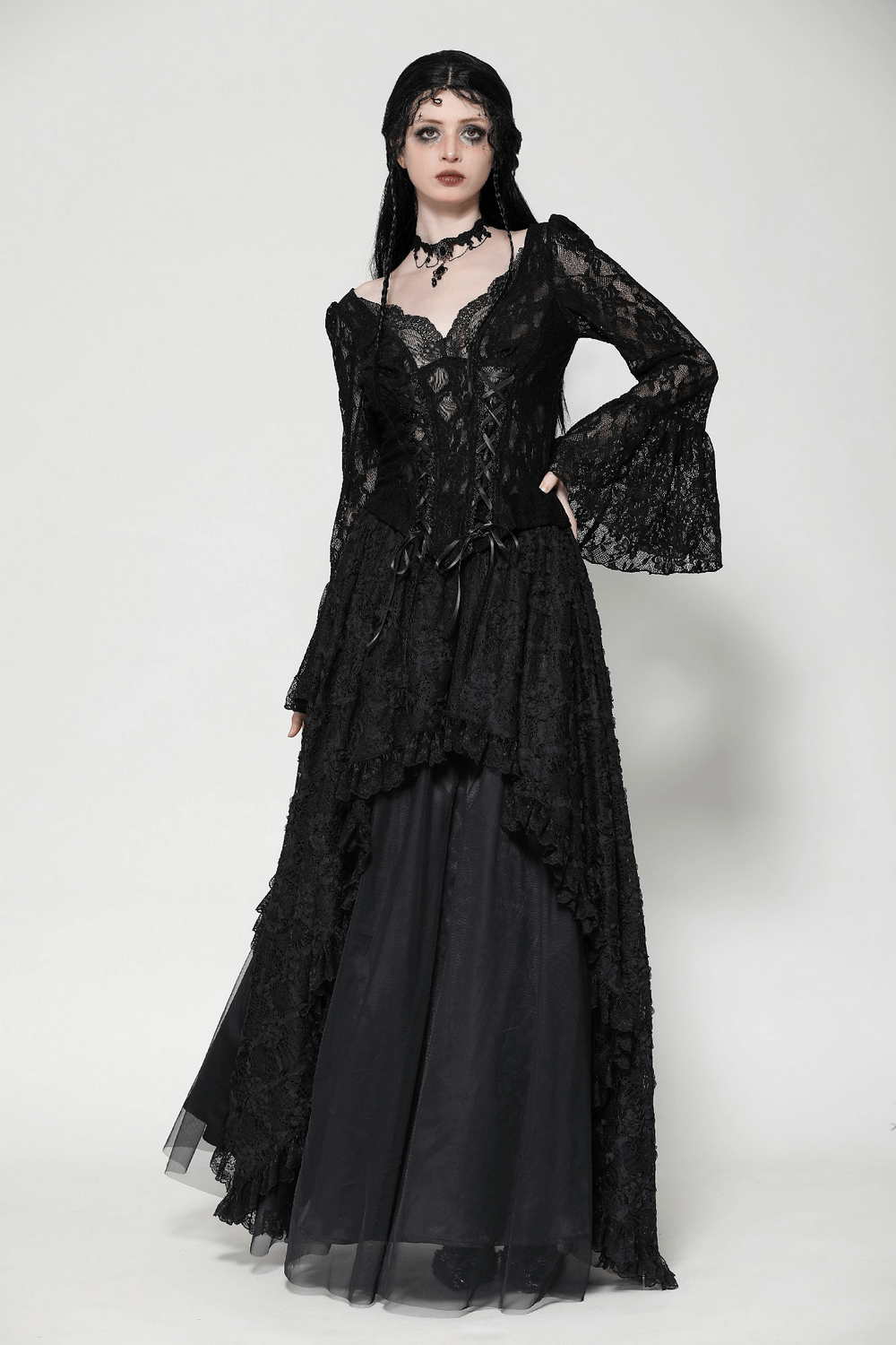 Gothic Lace Corset Top with Bell Sleeves and Tie Accents