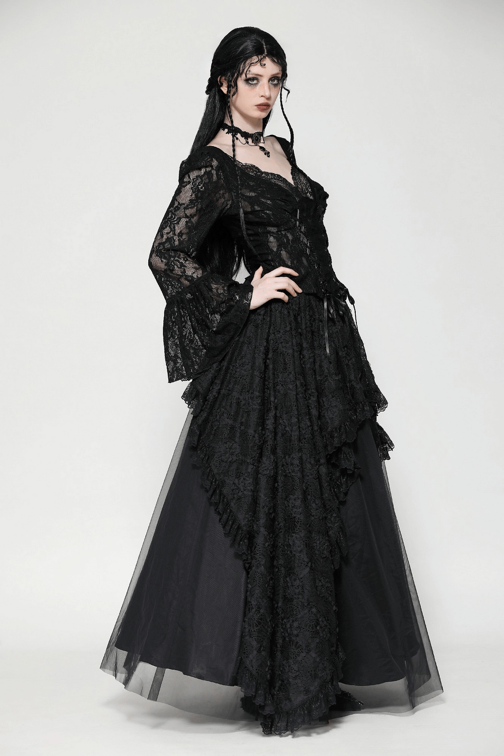 Gothic Lace Corset Top with Bell Sleeves and Tie Accents