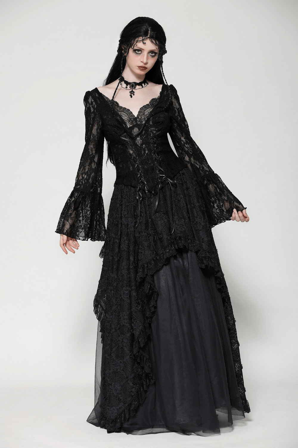 Gothic Lace Corset Top with Bell Sleeves and Tie Accents