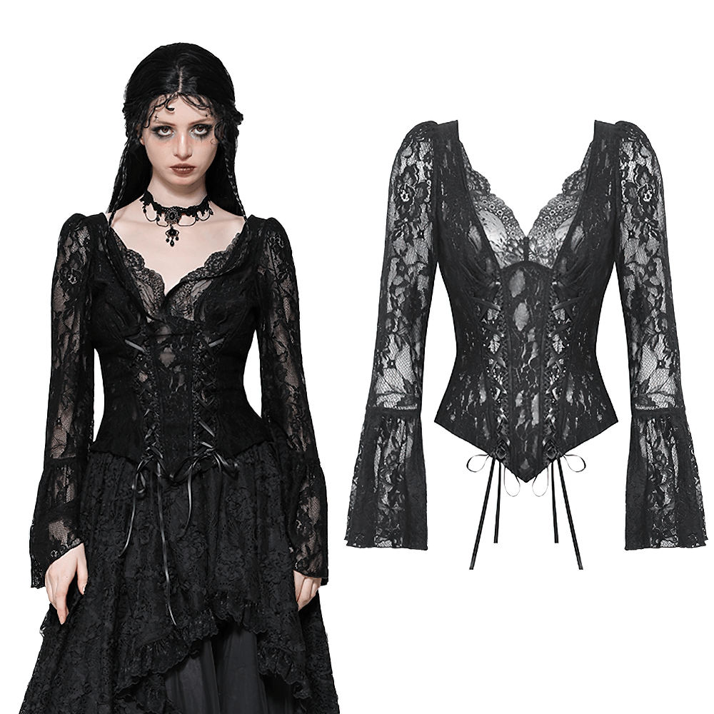 Gothic Lace Corset Top with Bell Sleeves and Tie Accents