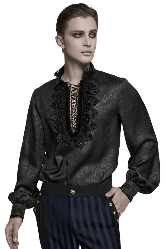 Gothic Lace Front Drawstring Shirt with Stand-up Collar