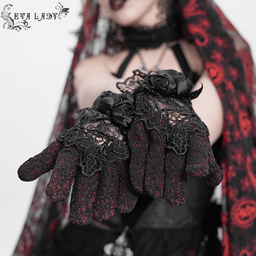 Gothic Lace Gloves with Black Rose and Mesh Details