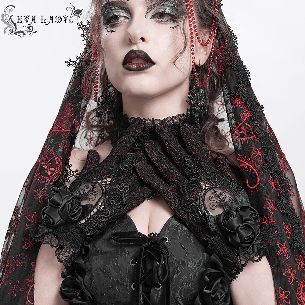 Gothic Lace Gloves with Black Rose and Mesh Details