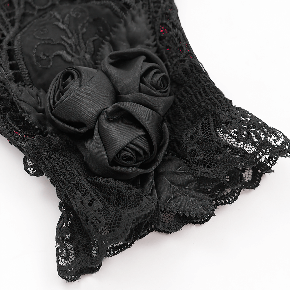 Gothic Lace Gloves with Black Rose and Mesh Details