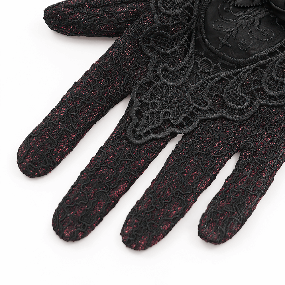 Gothic Lace Gloves with Black Rose and Mesh Details