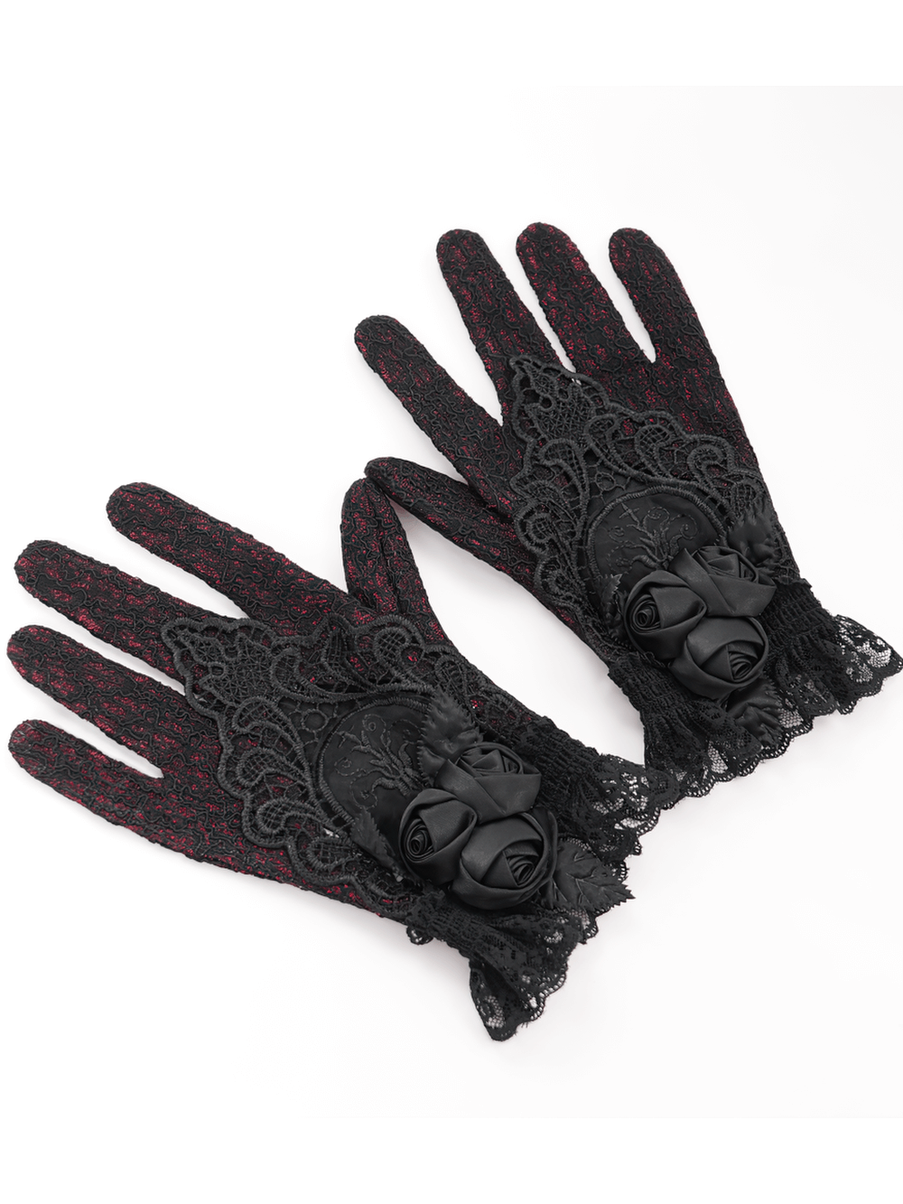 Gothic Lace Gloves with Black Rose and Mesh Details