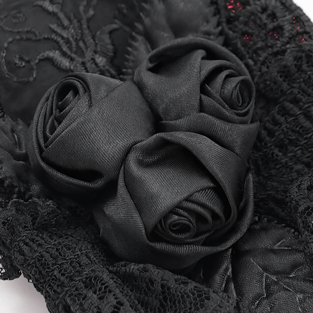 Gothic Lace Gloves with Black Rose and Mesh Details