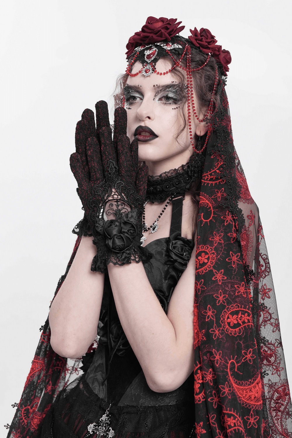 Gothic Lace Gloves with Black Rose and Mesh Details