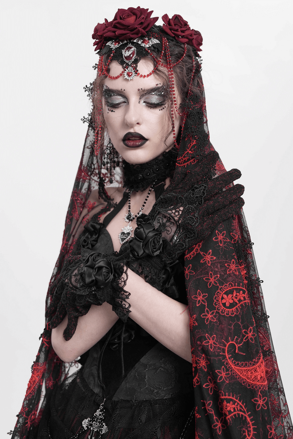 Gothic Lace Gloves with Black Rose and Mesh Details