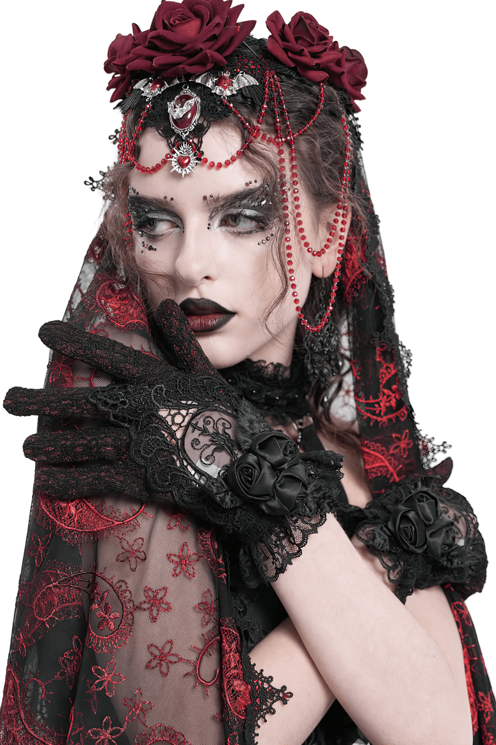 Gothic Lace Gloves with Black Rose and Mesh Details