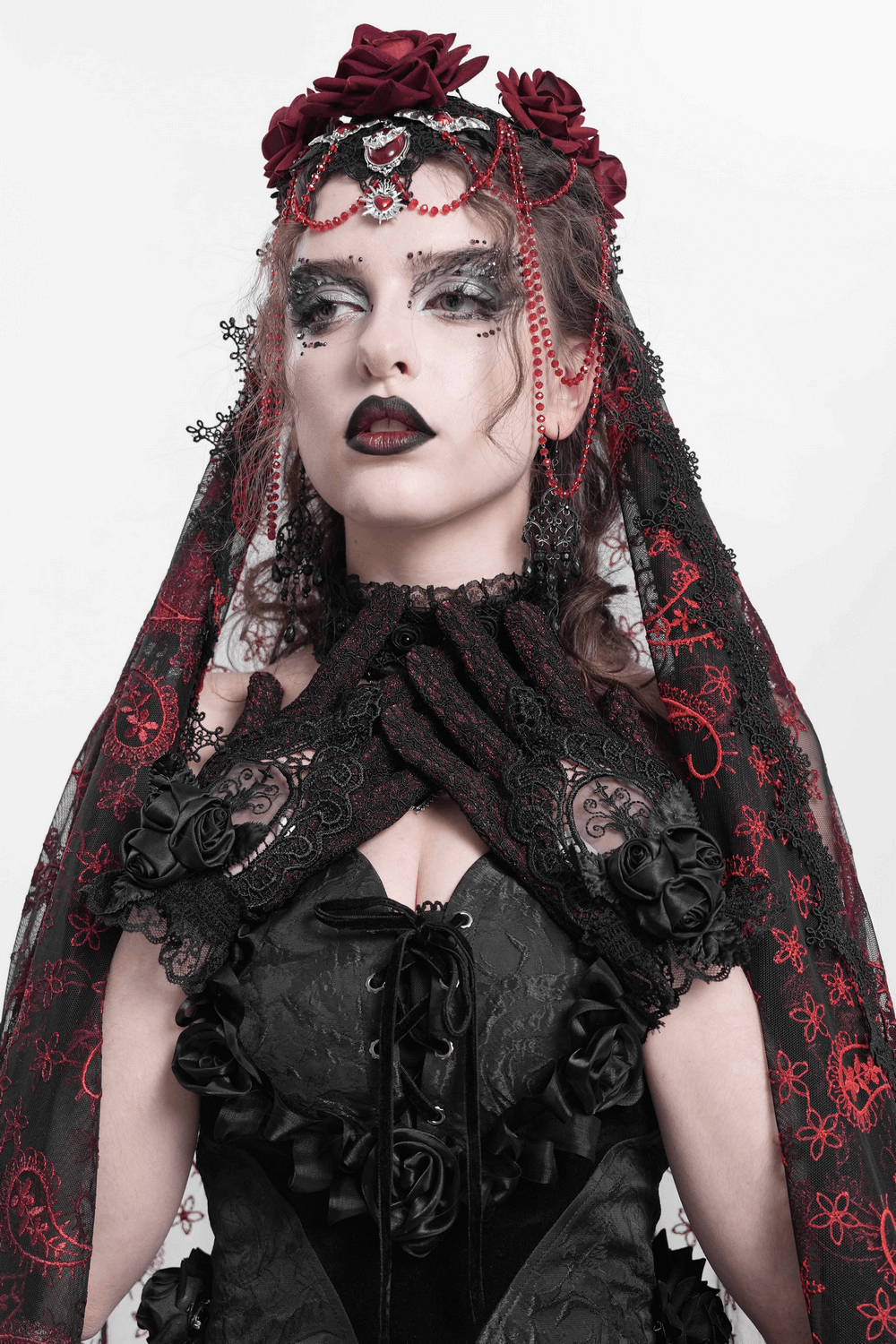 Gothic Lace Gloves with Black Rose and Mesh Details