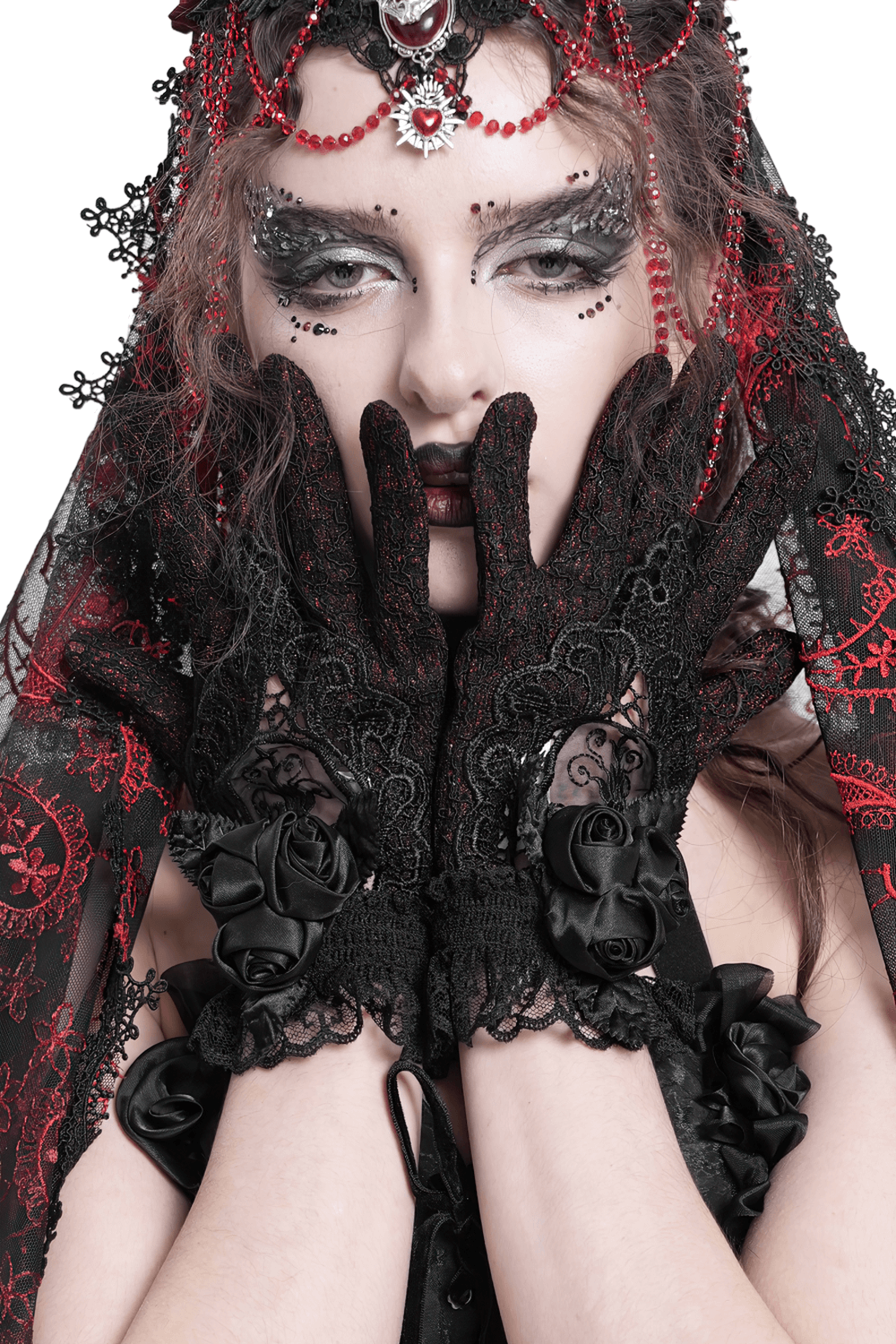 Gothic Lace Gloves with Black Rose and Mesh Details