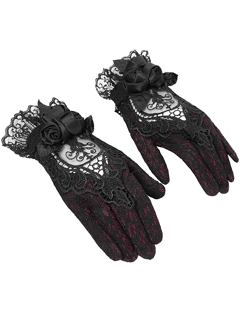 Gothic Lace Gloves with Black Rose and Mesh Details